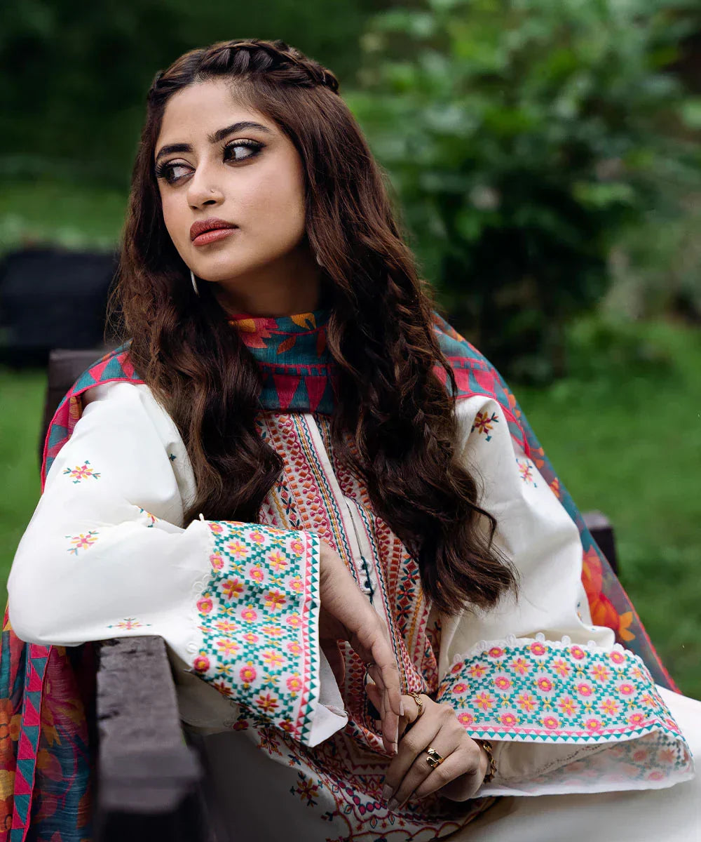 Lawn Full Panel Embroidered Shirt Daman Embroidered Double Lace Neckline Embroidered Lace Trouser Embroidered Lace Lawn Embroidered Sleeves Lawn Dyed Trouser Four Sided Embroidered Organza Dupatta