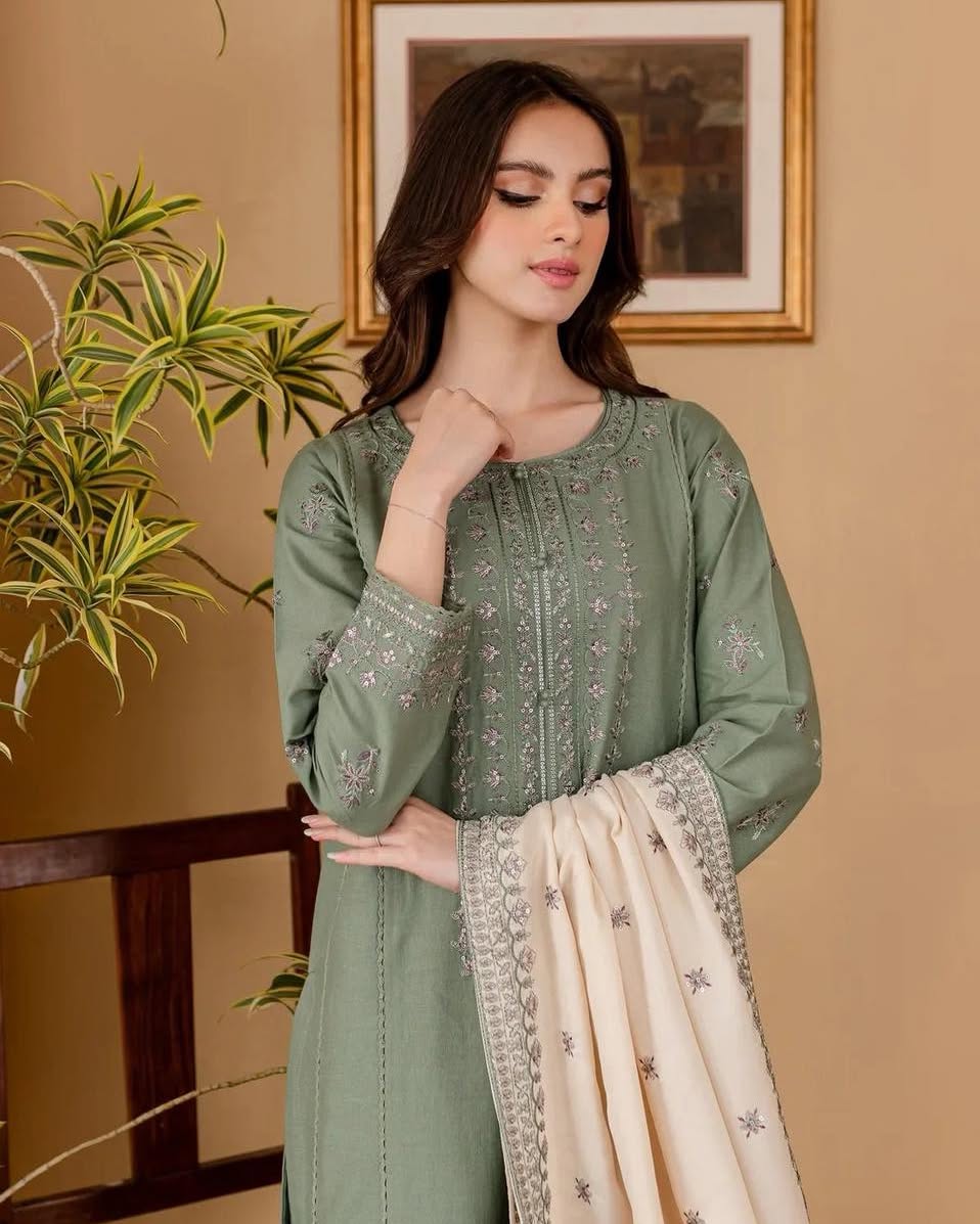 3 Piece Unstitched Heavy Embroidered Dhanak Suit ( Embroidered Dhanak Shawl )