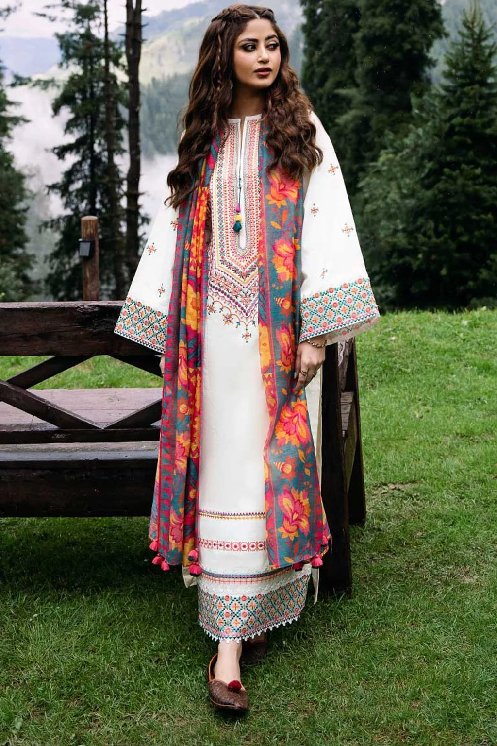 Lawn Full Panel Embroidered Shirt Daman Embroidered Double Lace Neckline Embroidered Lace Trouser Embroidered Lace Lawn Embroidered Sleeves Lawn Dyed Trouser Four Sided Embroidered Organza Dupatta