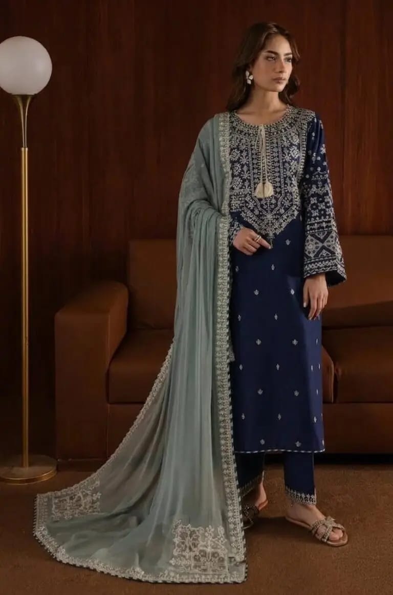 3PC Unstitched Embroidered Lawn Suit With Embroidered Chiffon Dupatta