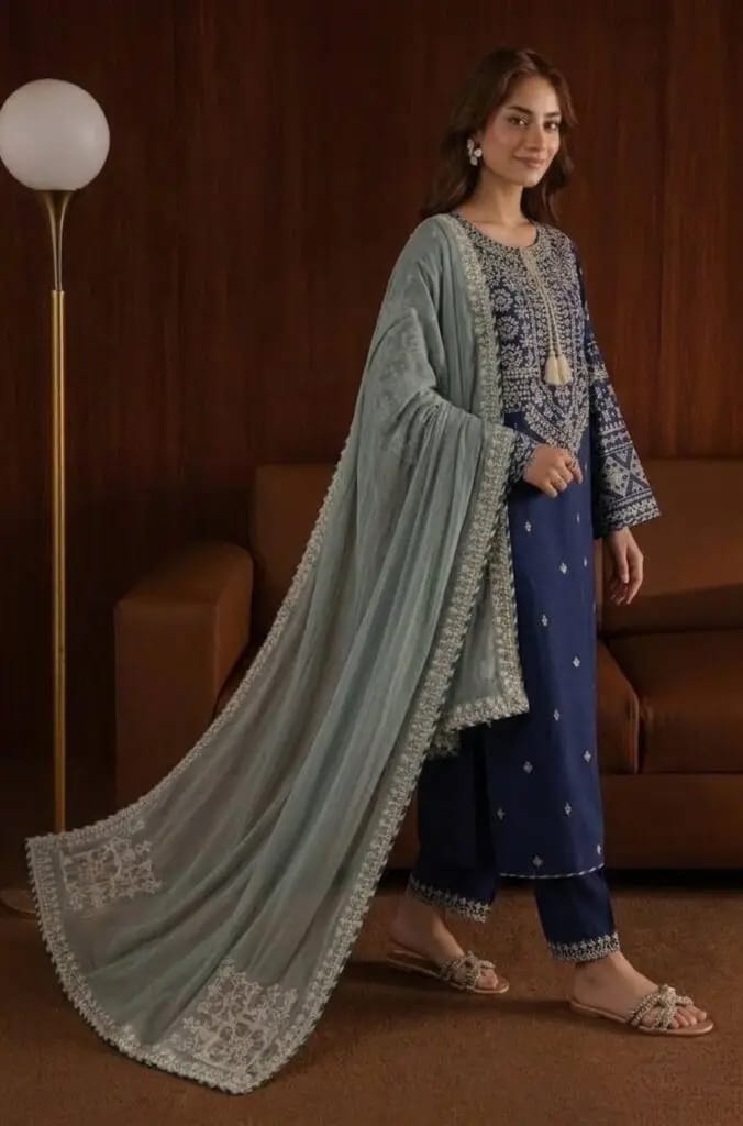 3PC Unstitched Embroidered Lawn Suit With Embroidered Chiffon Dupatta