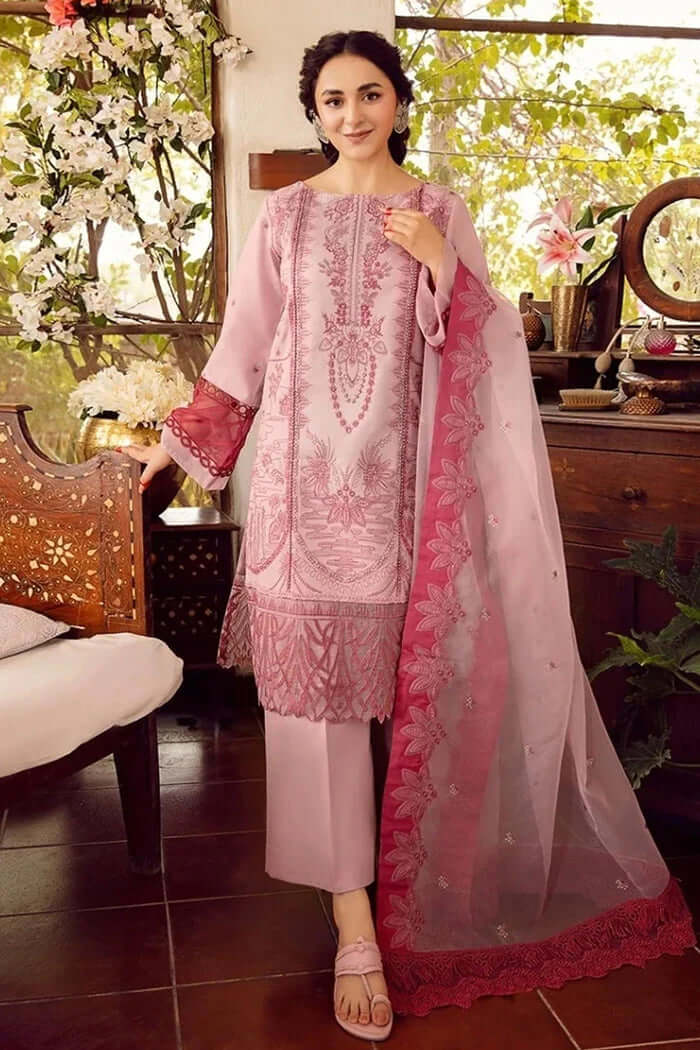 Embroidered Unstitched Lawn 3Pc Suit With Organza Embroidered Dupatta