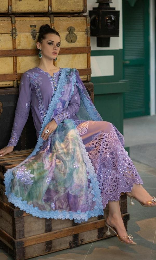Lawn Unstitched 3pc Fully Embroidered Suit With Cotton Net Silky Printed Dupatta 4 Sided Embroidered Lace