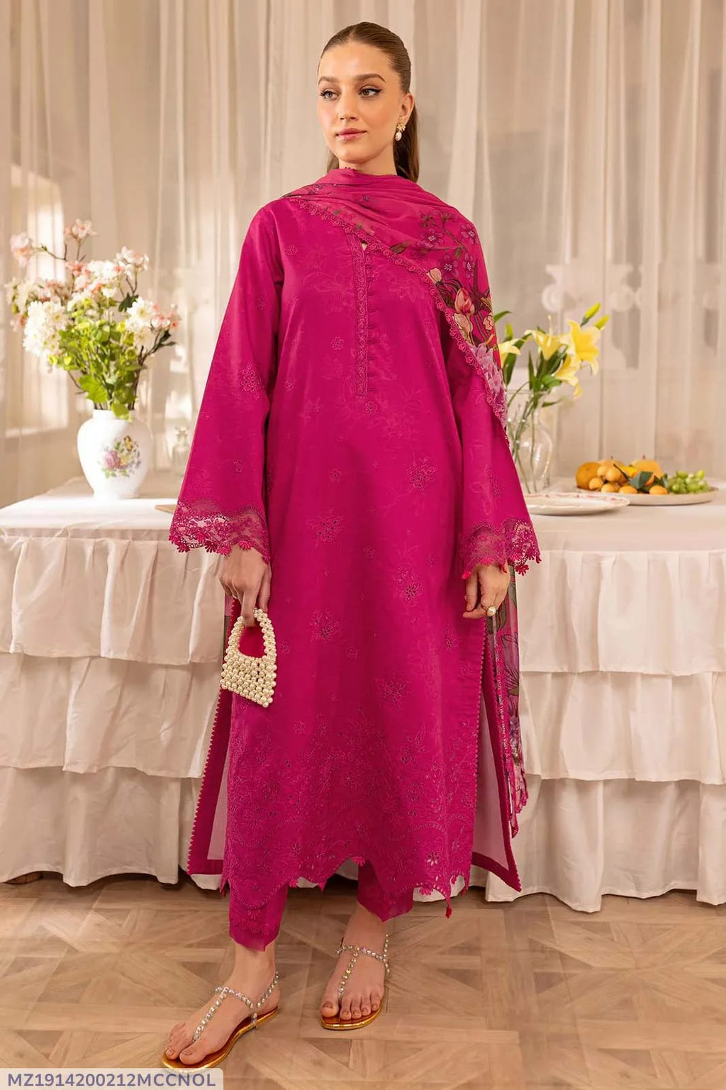 3 Piece-Unstitched Embroidered Lawn Fabric Printed Monar Dupatta