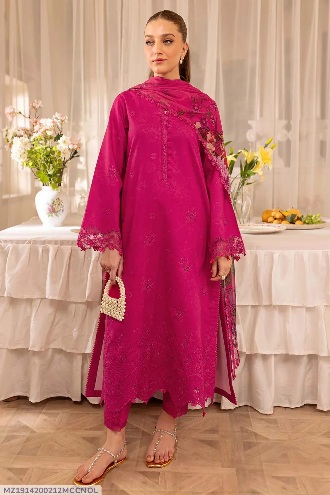 3 Piece-Unstitched Embroidered Lawn Fabric Printed Monar Dupatta