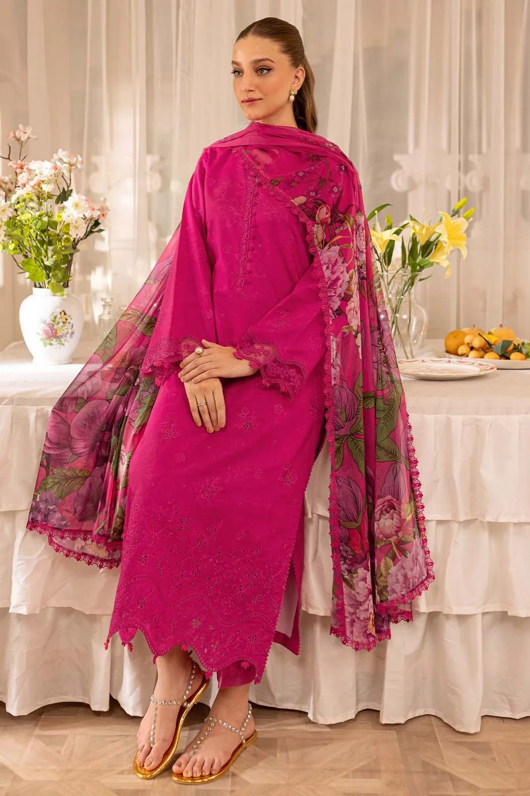 3 Piece-Unstitched Embroidered Lawn Fabric Printed Monar Dupatta