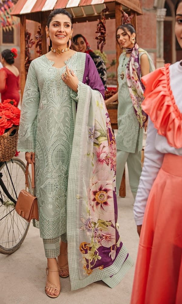 Embroidered Chikenkari Unstitched Lawn 3pc Suit With Silk Printed Dupatta