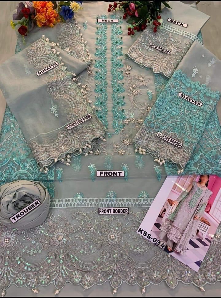 ELAF . Luxury Organza 3 Piece Unstitched Embroidered Lawn Suit