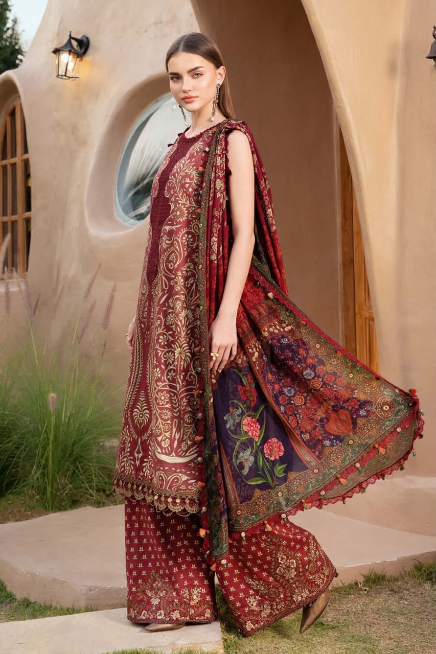 3 Piece Unstitched Embroidered Lawn Suit ( Printed Lawn Dupatta )