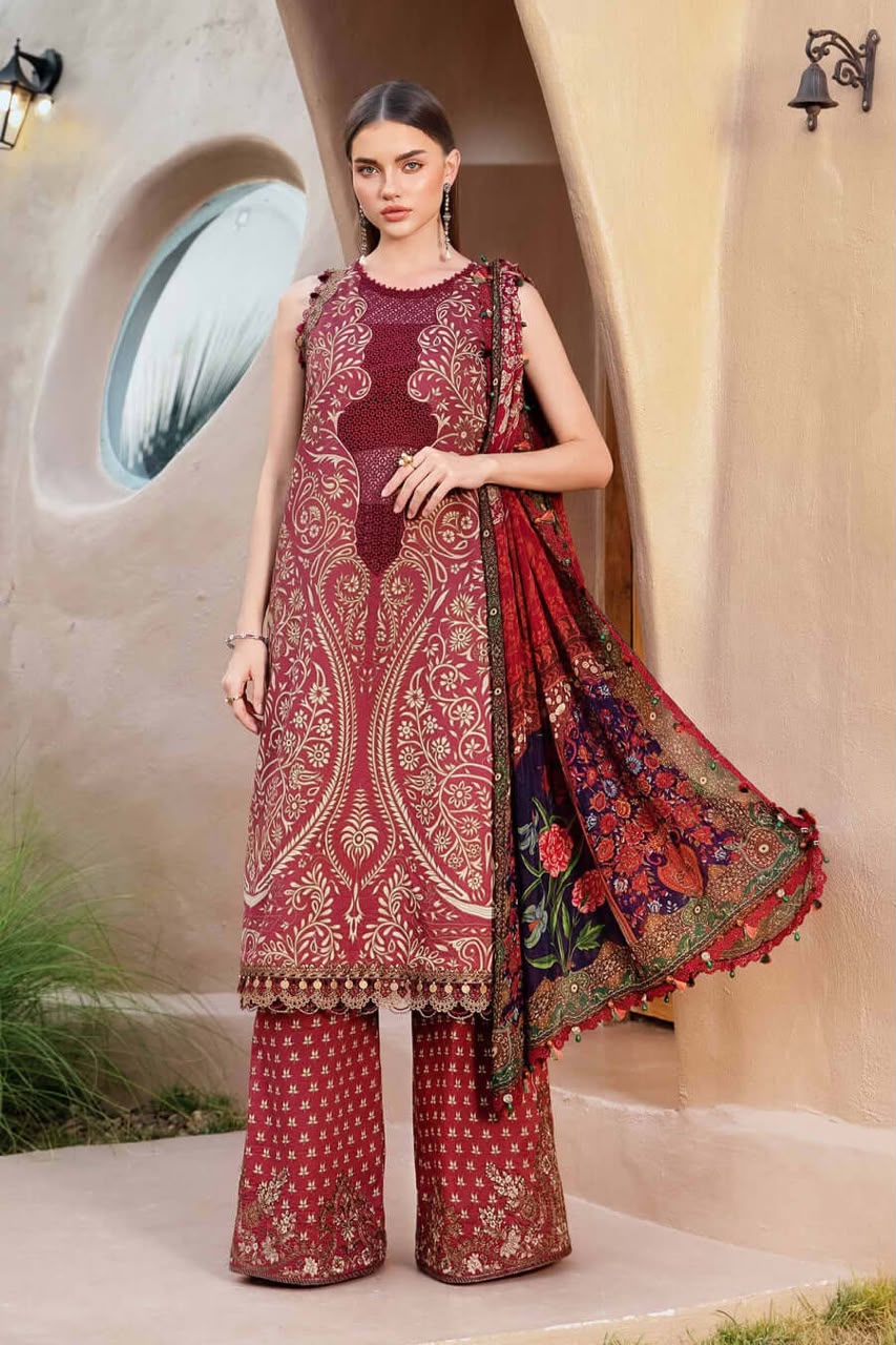 3 Piece Unstitched Embroidered Lawn Suit ( Printed Lawn Dupatta )