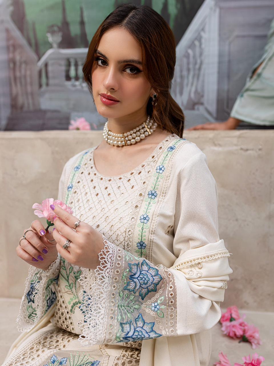 MAHNUR lawn Luxury Embroidered Chikankari 3 Piece Suit