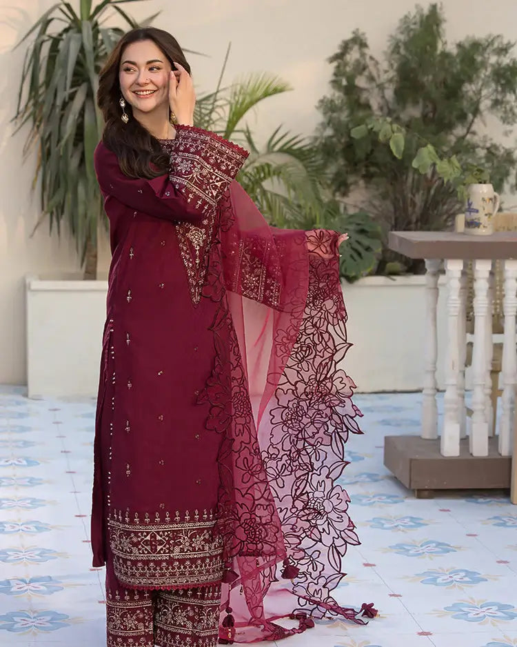 3 Piece Unstitched Heavy Embroidered Lawn Suit ( Four-sided Embroidered Organza Dupatta )